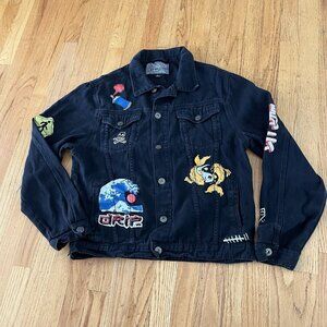 BROOKLYN Jean Jacket Mens L Tokyo Graffiti Streetwear Black 100% Cotton